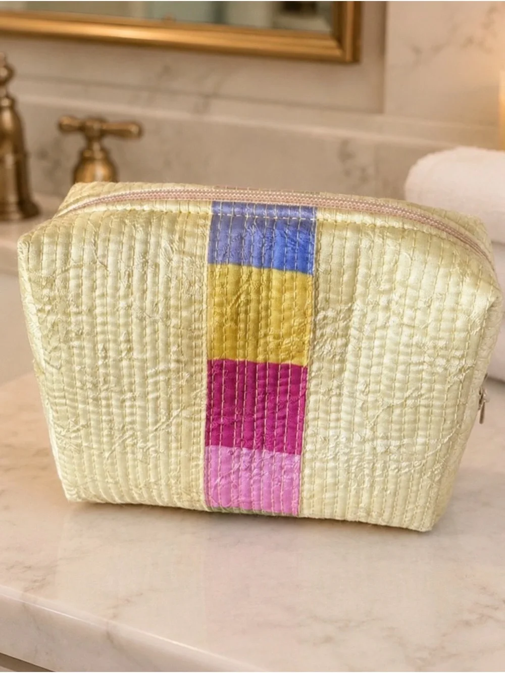 Quilted Yellow Cosmetic Pouch with Multi-Color Stripe NWOT